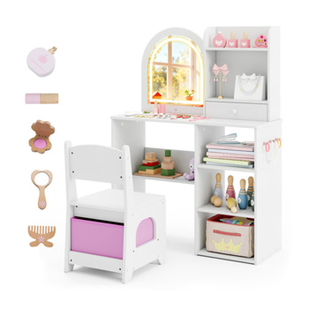 二合一儿童梳妆台和写字台套装-LED照明防碎镜（3种颜色模式），白色