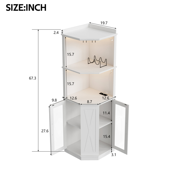 67.3英寸转角吧台柜，带电源插座，乡村风格酒柜，带可调节搁板，适用于家庭、餐厅、客厅、厨房，配备照明灯和酒杯架。-16