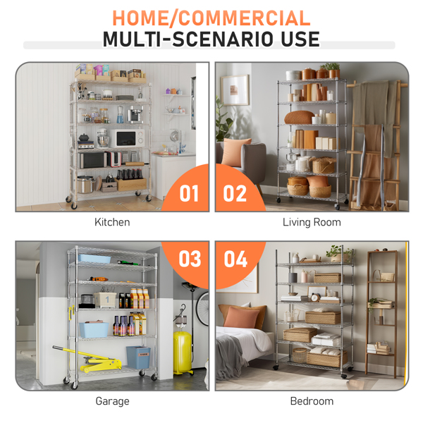  六层自由组合拆装带1排侧边挂钩  带调节脚与轮   铁 可自由调节层间距 家用层架 117*45*208cm 烤漆银 N001-28