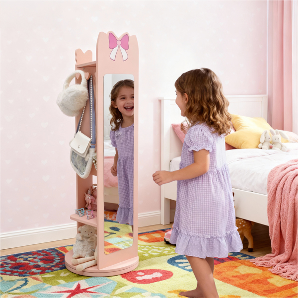 粉色 蝴蝶结元素 密度板 喷漆 1门1层架 底部可旋转 儿童饰品镜柜-17