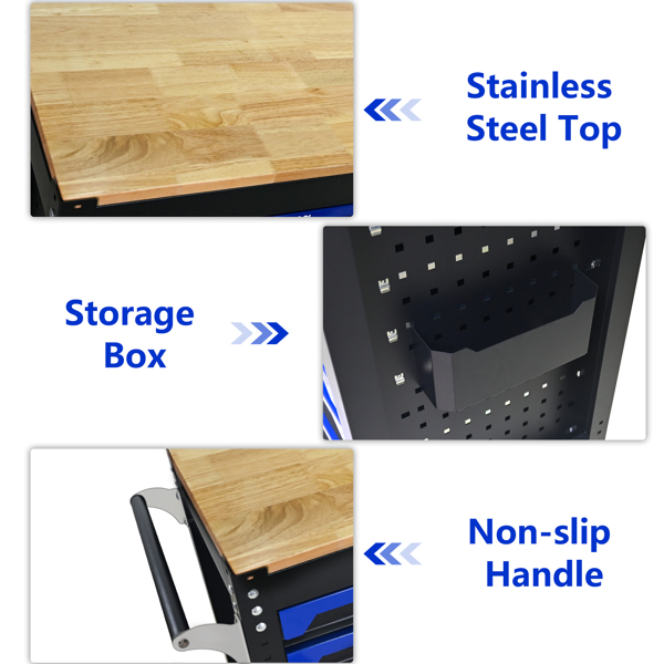 30英寸7抽屉木质台面实用型带轮钢制工具车，配有把手和轮子，适用于车库、仓库、维修店等场所的储物柜，工具车需自行组装 - 黑蓝色-8