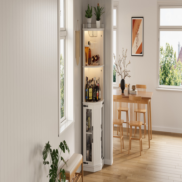 67.3英寸转角吧台柜，带电源插座，乡村风格酒柜，带可调节搁板，适用于家庭、餐厅、客厅、厨房，配备照明灯和酒杯架。-20