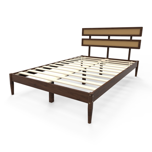 深胡桃木 油漆面+藤编 松木 双床头板 Full 木床 波西米亚风 XP000470101-13