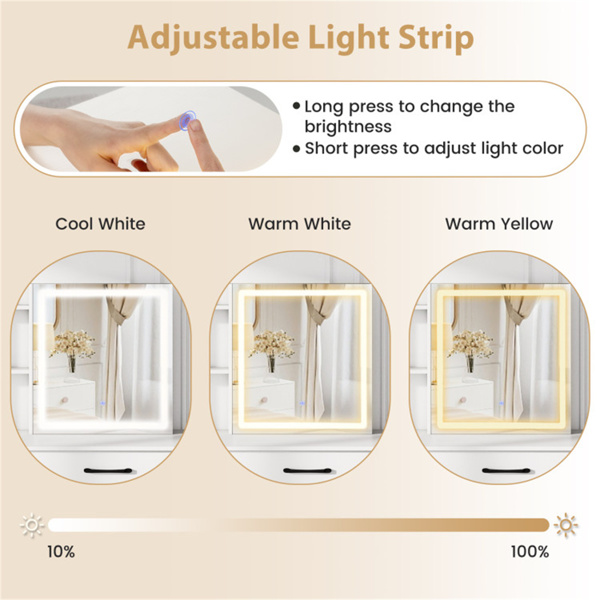 白色梳妆台和凳子套装，带滑动镜和3模式LED灯带，防倾倒梳妆台，储物空间充足-6