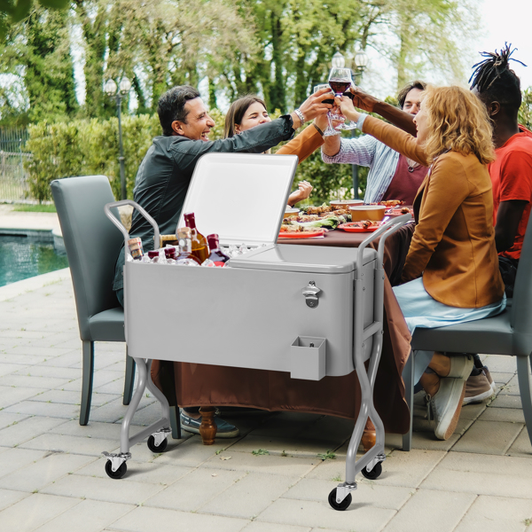 80QT  银灰色  麻花设计腿型 单边上下翻盖  冷冻保温推车  106X39X91.5cm  长方形  铁  不带托盘 带排水管-7