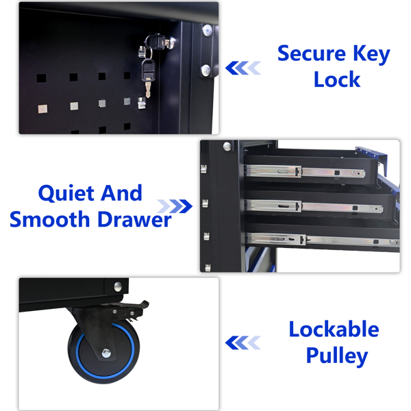 30英寸7抽屉铁质台面实用滚动钢制工具车，带把手和轮子，适用于车库、仓库、修理店等场所的储物柜，工具车需自行组装 - 黑蓝色-7