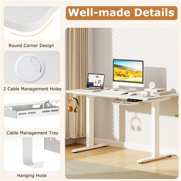 白色55英寸电动立式办公桌，带双电机，3种记忆设置，适合家庭办公-9
