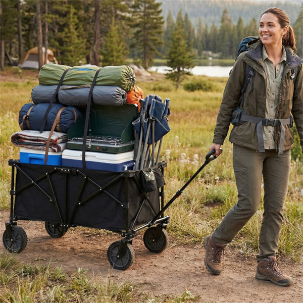 黑色400磅重型可折叠货车，带全地形车轮，180升容量可折叠多功能车，用于露营购物-11