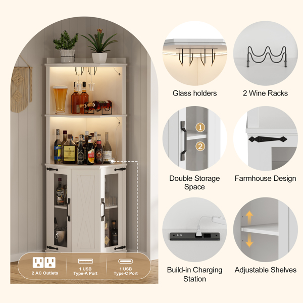 67.3英寸转角吧台柜，带电源插座，乡村风格酒柜，带可调节搁板，适用于家庭、餐厅、客厅、厨房，配备照明灯和酒杯架。-17