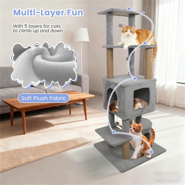 64英寸浅灰色猫塔，带毛绒垫和3个摇摆球、黄麻抓杆和防倾翻装置，适用于多猫家庭-8