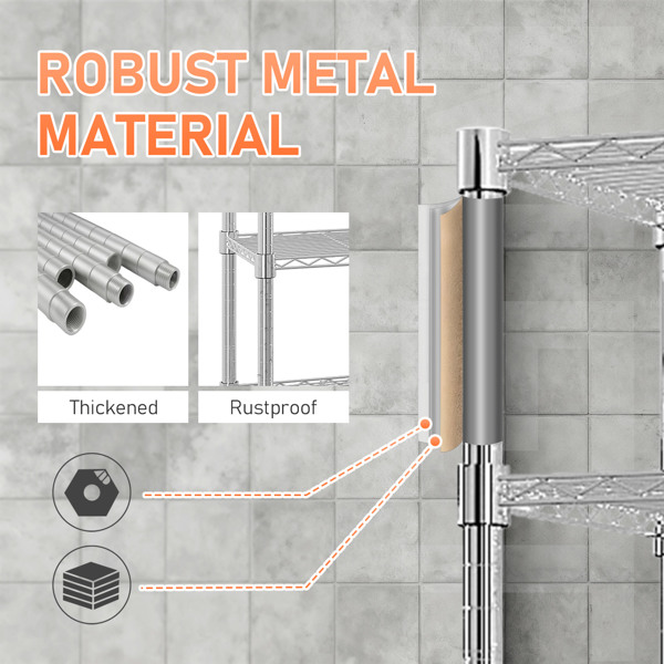  六层自由组合拆装带1排侧边挂钩  带调节脚与轮   铁 可自由调节层间距 家用层架 117*45*208cm 烤漆银 N001-16