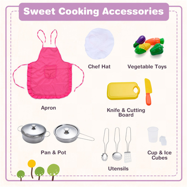 带制冰机和黑板的互动儿童游戏厨房，角落设计，带有逼真音效的假装烹饪套装-粉色-11