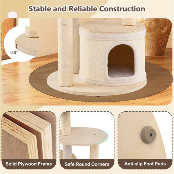 60英寸高的木制猫树多层猫塔，带剑麻抓杆和室内猫公寓，天然-3