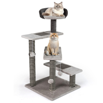 37英寸高猫楼梯带抓地垫的-三层栖息、弹簧球和猫摇摆玩具