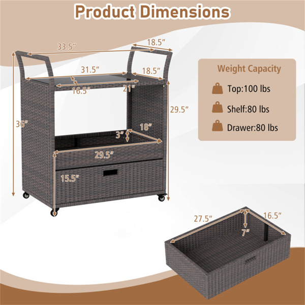 手织PE藤条户外酒吧车，带钢化玻璃台面和抽屉，4个带制动器的轮子，为露台提供服务-4