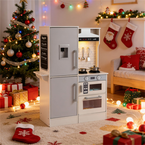 白色双面儿童游戏厨房，配有饮水机和抽油烟机，适合3岁以上儿童使用-11