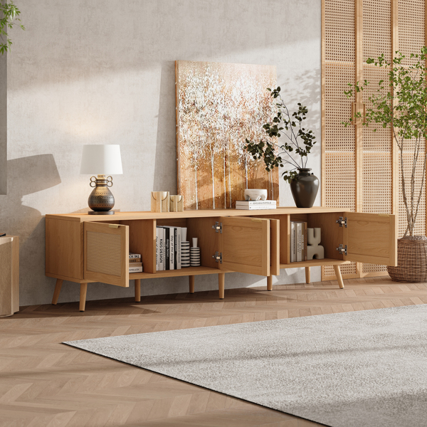 70英寸现代电视柜，配有藤编柜门，适用于最大80英寸的电视，带储物空间和电线孔，是客厅的理想娱乐中心。-4