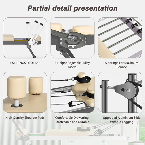 家用普拉提训练器，可折叠普拉提健身器材，配备高强度合金弹簧，适合初学者，承重高达 330 磅，米色。-8