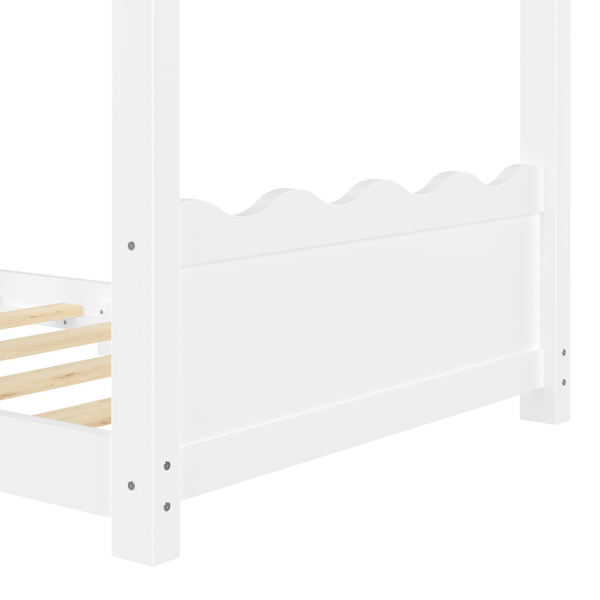 双人房型落地床，带支撑板条，实木儿童房床架，无需弹簧床垫，开放式结构，白色-5