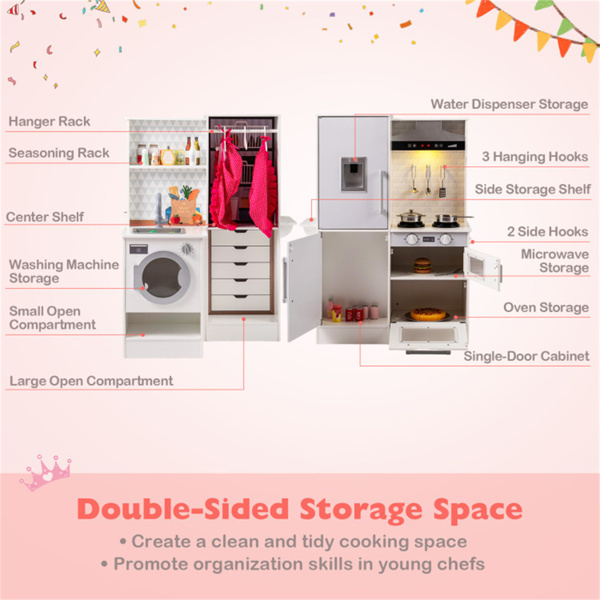 白色双面儿童游戏厨房，配有饮水机和抽油烟机，适合3岁以上儿童使用-9