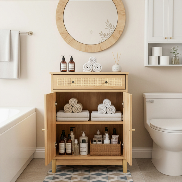 原木色   刨花板三胺贴面带藤面 60*30*80cm 1抽2门 浴室立柜-9