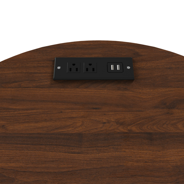 中世纪现代风格圆柱形茶几，内置充电站和推拉门，双层储物圆形床头柜，带USB接口，胡桃木材质，适用于客厅、卧室、玄关。-18