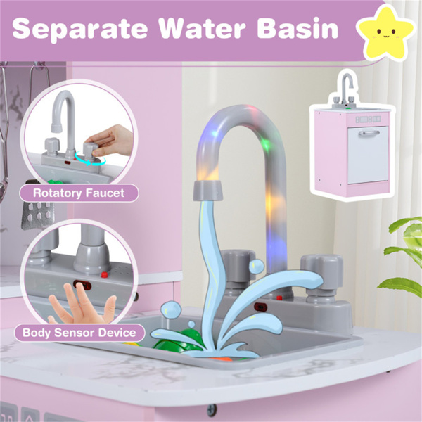 带制冰机和黑板的互动儿童游戏厨房，角落设计，带有逼真音效的假装烹饪套装-粉色-7