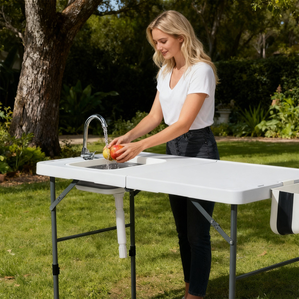 127*68.5*91.5cm 可对折 白色 户外杀鱼桌 HDPE 长方形 带折叠水龙头 折叠垃圾桶 折叠水槽 收纳袋-13