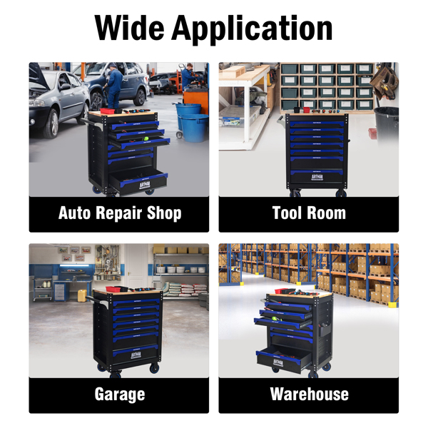 30英寸7抽屉木质台面实用型带轮钢制工具车，配有把手和轮子，适用于车库、仓库、维修店等场所的储物柜，工具车需自行组装 - 黑蓝色-9