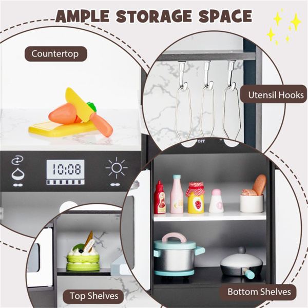 带制冰机和黑板的互动儿童游戏厨房，角落设计，带有逼真音效的假装烹饪套装-咖啡色-8