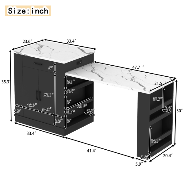 可伸缩式岛台控制台，配有抽屉、双门橱柜和开放式置物架。可用作餐桌、临时早餐吧和下午茶休闲区。黑色。-14