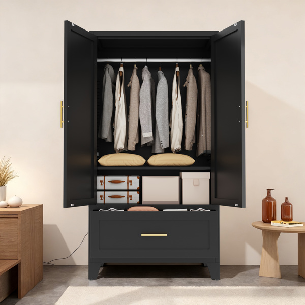 60英寸高金属衣柜，带1个抽屉和挂衣杆，双门设计，内置搁板，适用于卧室、办公室、洗衣房、玄关、门厅、客房（黑色）-5
