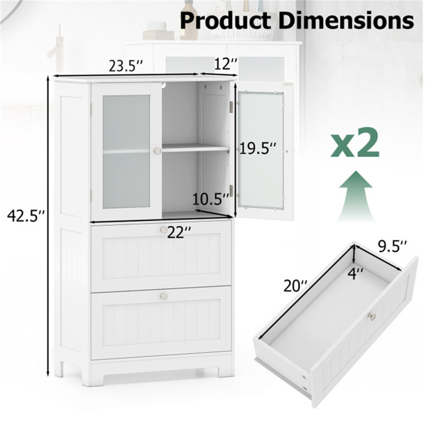 独立式落地储物柜，带可调节架子和2个抽屉，磨砂钢化玻璃门侧板-5