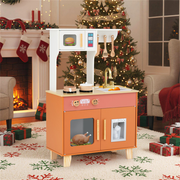 橙色儿童游戏厨房，配有逼真的水龙头和制冰机，适合3-6岁儿童的防倾倒假装烹饪套装-8