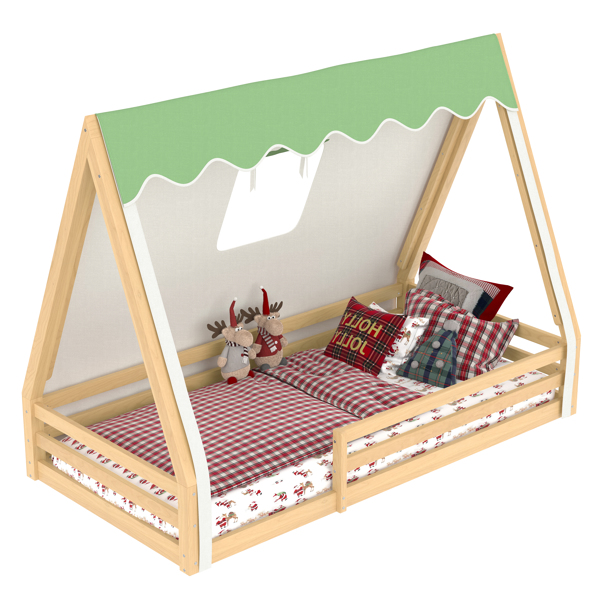 双人床尺寸儿童落地床，带帐篷和灯，实木圆锥形落地床，配有全长护栏，蒙特梭利式设计，充满童趣，天然原木色+绿色-15