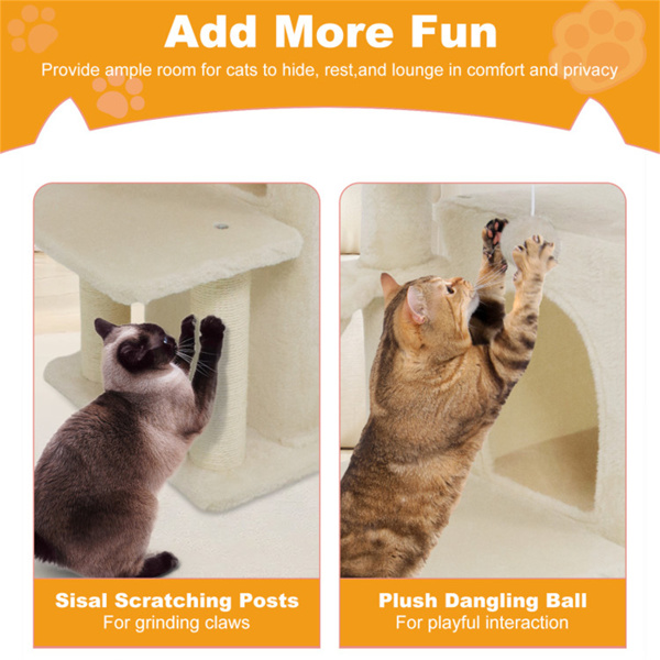 米色33.5英寸多层猫树，带双层公寓、剑麻抓杆和猫防倾倒装置-7