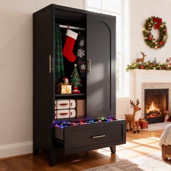 60英寸高金属衣柜，带1个抽屉和挂衣杆，双门设计，内置搁板，适用于卧室、办公室、洗衣房、玄关、门厅、客房（黑色）