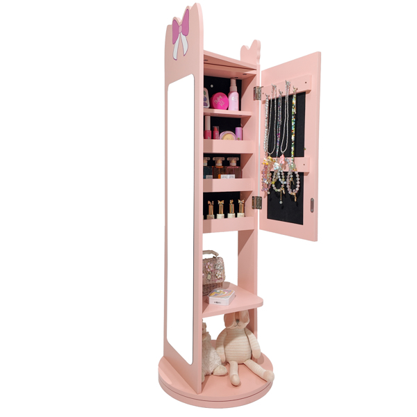 粉色 蝴蝶结元素 密度板 喷漆 1门1层架 底部可旋转 儿童饰品镜柜-10