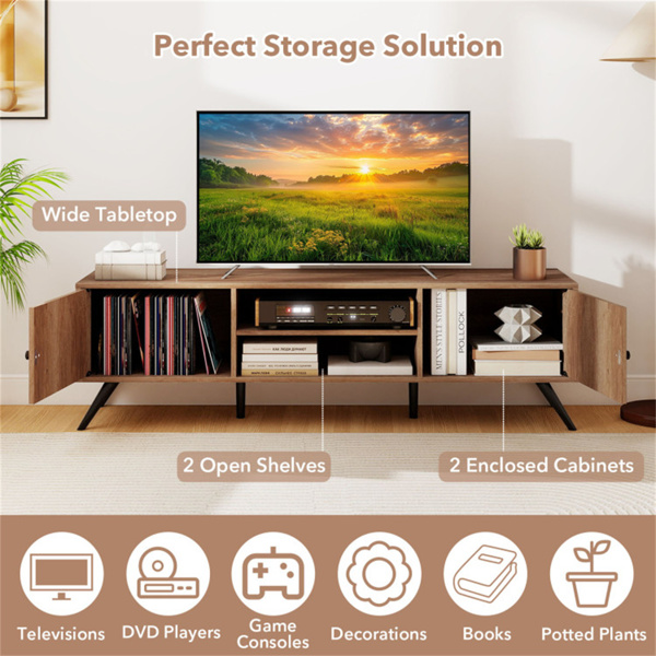 橡木中世纪现代电视支架，适用于65英寸电视，210磅容量的媒体控制台，带存储柜和电缆管理-9