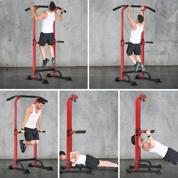 可调节引体向上杆和双杠训练器 - 10 档高度调节，承重 400 磅，男女通用多功能家用健身力量训练器，红+黑-8
