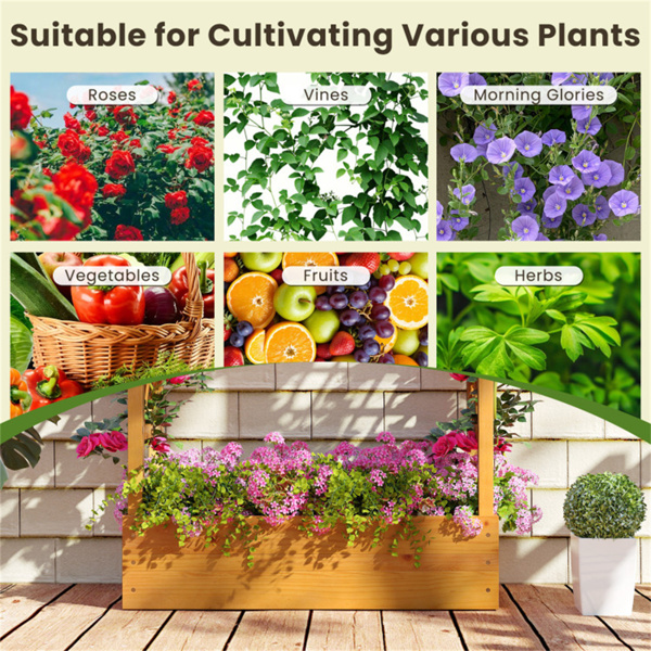 70英寸高松木高架花园床，带格子和平屋顶，开放式底座种植架，用于攀爬植物/蔬菜-4