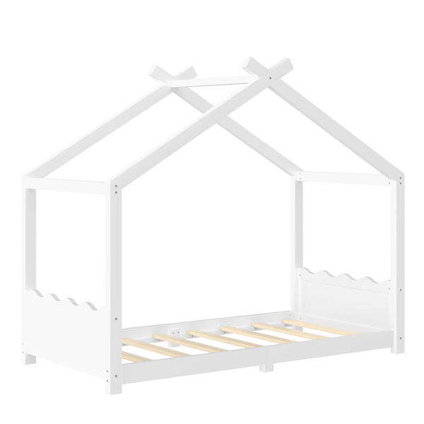 双人房型落地床，带支撑板条，实木儿童房床架，无需弹簧床垫，开放式结构，白色-11