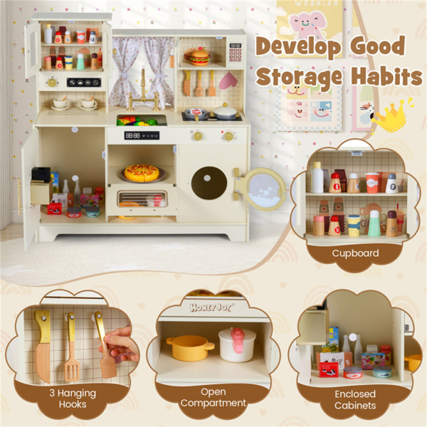 米色木制儿童游戏厨房，带可旋转水龙头和14个配件，幼儿假装烹饪套装3+-12