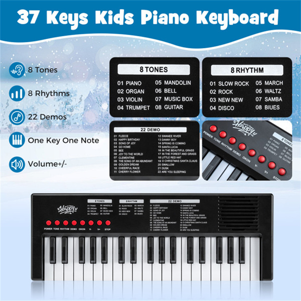 黑色37键儿童电子键盘，带麦克风，8个音调和8个节奏钢琴玩具，适合3岁儿童+-8