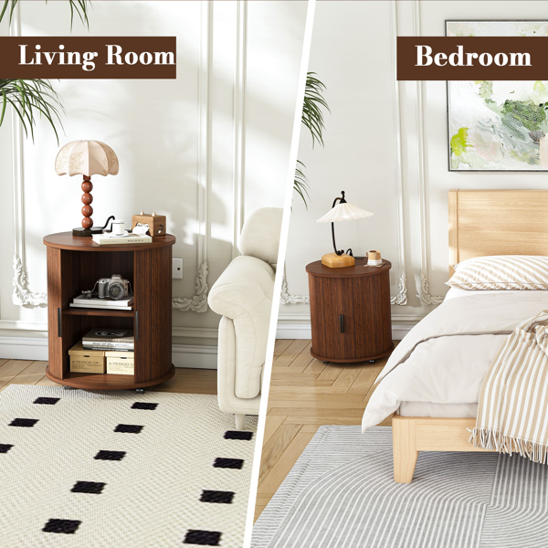 中世纪现代风格圆柱形茶几，内置充电站和推拉门，双层储物圆形床头柜，带USB接口，胡桃木材质，适用于客厅、卧室、玄关。-6