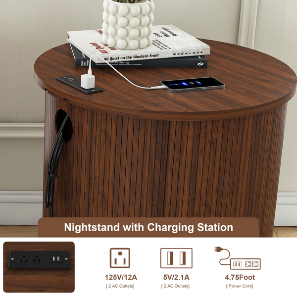 中世纪现代风格圆柱形茶几，内置充电站和推拉门，双层储物圆形床头柜，带USB接口，胡桃木材质，适用于客厅、卧室、玄关。-8