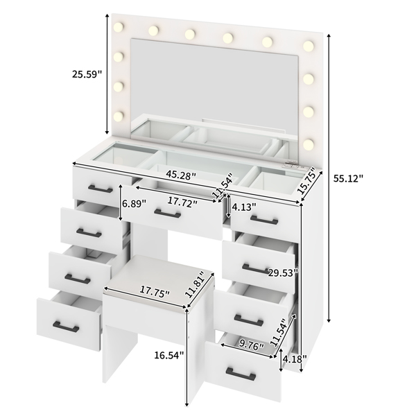 白色 麻面刨花板贴三胺 9抽 梳妆桌套装 带12粒三色调光灯泡 排插 玻璃桌面-8