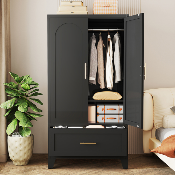 60英寸高金属衣柜，带1个抽屉和挂衣杆，双门设计，内置搁板，适用于卧室、办公室、洗衣房、玄关、门厅、客房（黑色）-3