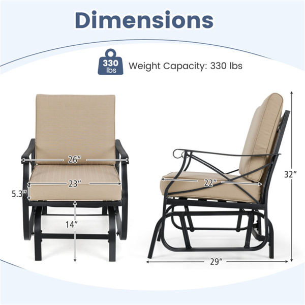 黑色金属露台滑椅，带棕色可洗垫子，330磅人体工程学户外摇椅，适用于门廊-3