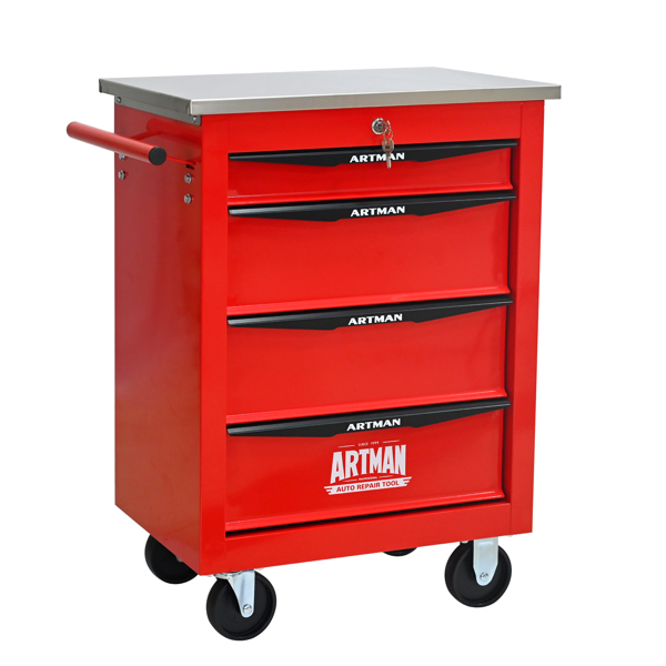 四抽屉多功能工具车，带轮金属滚动工具车，适用于车库、工作室、仓库、维修店——带不锈钢顶棚——红黑配色-5